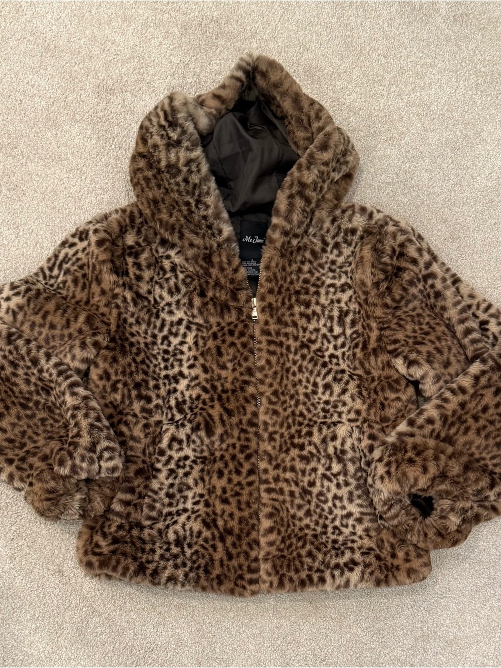 Me Jane Brown Leopard-Print Faux Fur Hooded Jacket